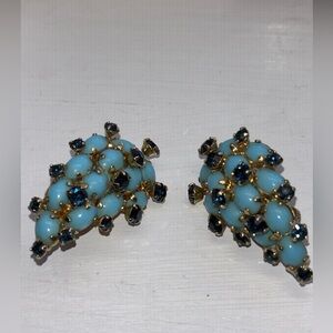 Chic Turquoise and blue crystal Statement Earrings Vendome clip on teardrop